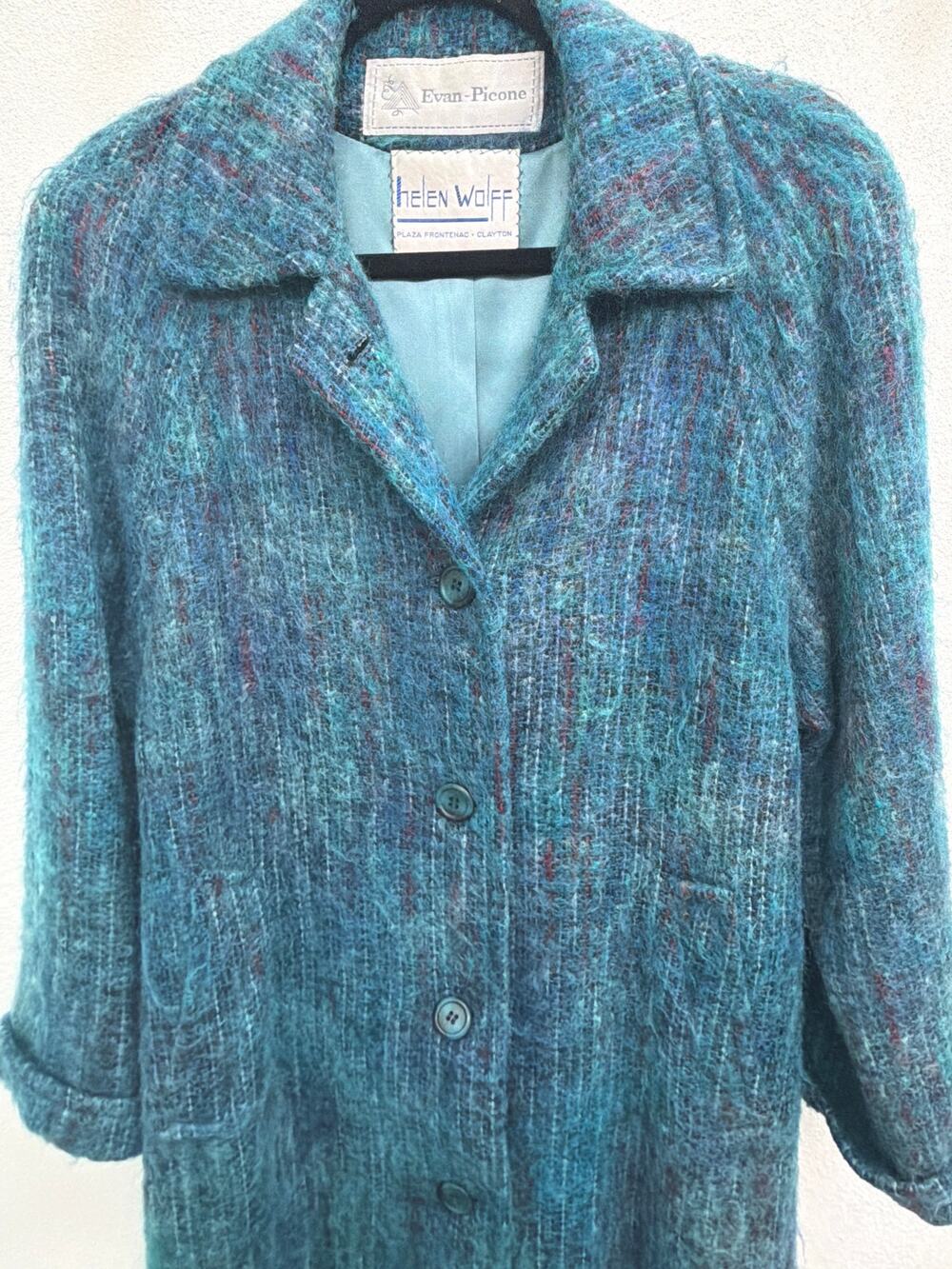 Vintage Evan Picone Mohair Teal Blue Belted Coat Union Made USA Medium